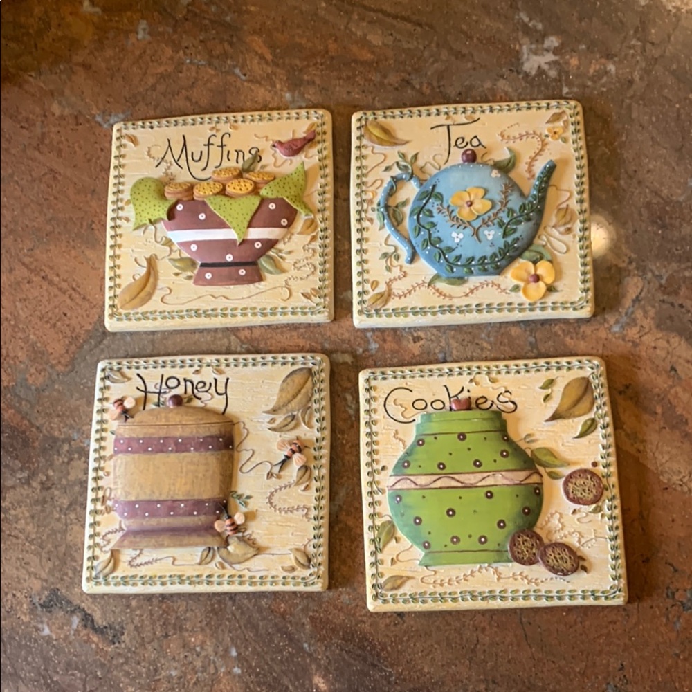 Vintage-Inspired Kitchen wall decor Set with Teapot Designs in Purple Blue Green